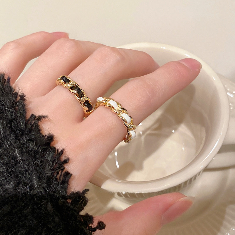 小香風 白黑皮革穿鍊開口戒