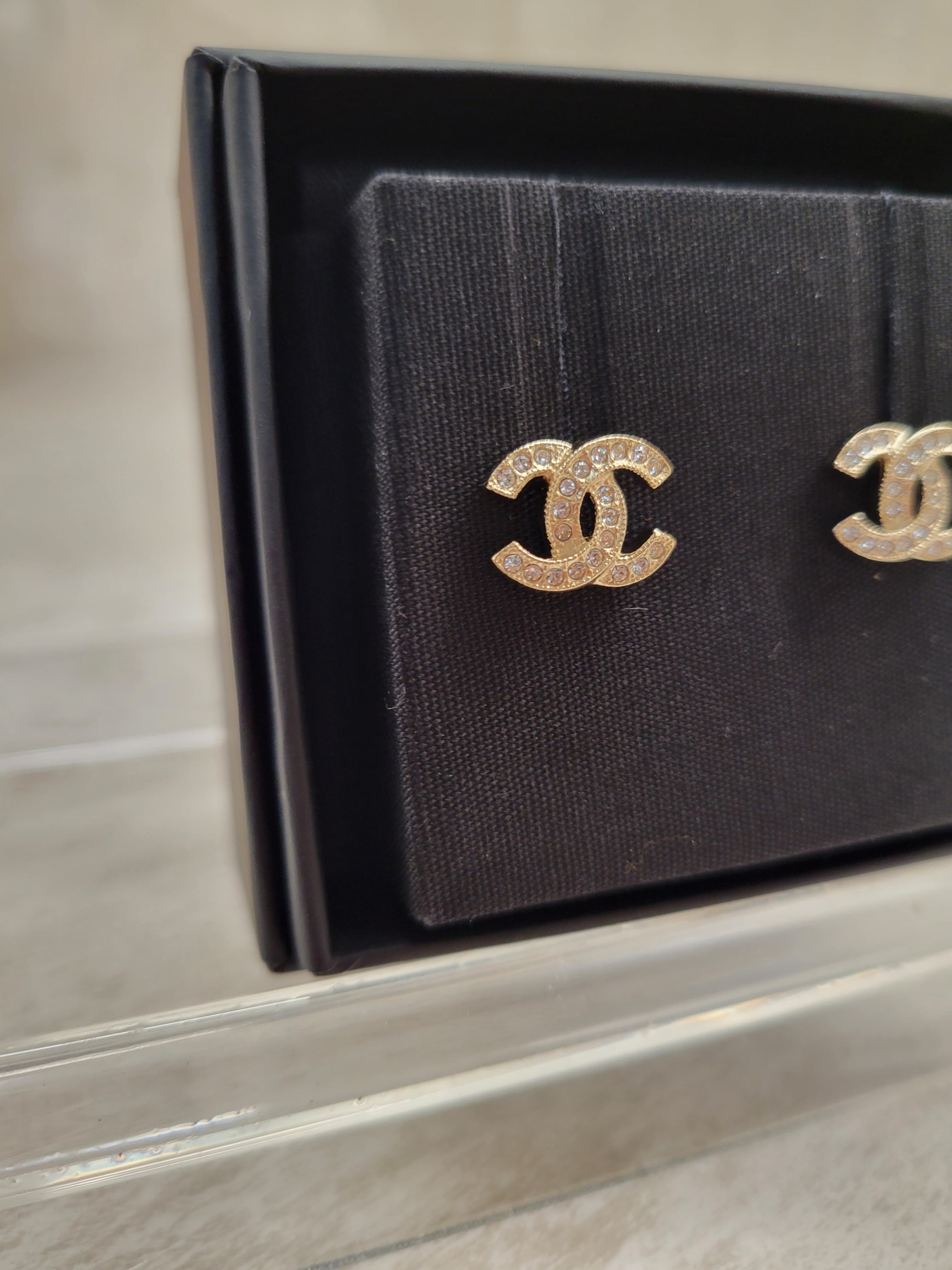 CHANEL ABE100 EARRINGS 1.2CM GOLD /WHITE CRYSTAL 淡金色白水鑽