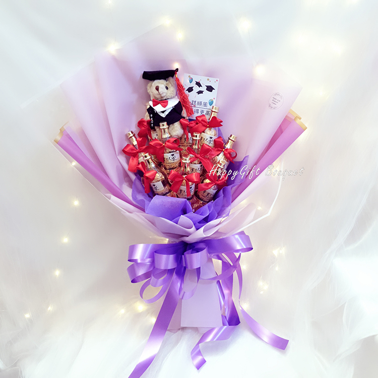 畢業熊香檳酒瓶巧克力花束,畢業熊香檳酒瓶巧克力分享花束,紫色包裝,Graduation Bear Champagne Bottle Chocolate Bouquet