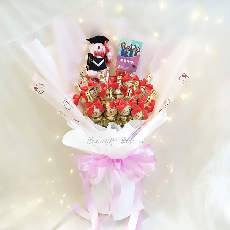 畢業熊香檳酒瓶巧克力花束,畢業熊香檳酒瓶巧克力分享花束,粉色包裝,Graduation Bear Champagne Bottle Chocolate Bouquet