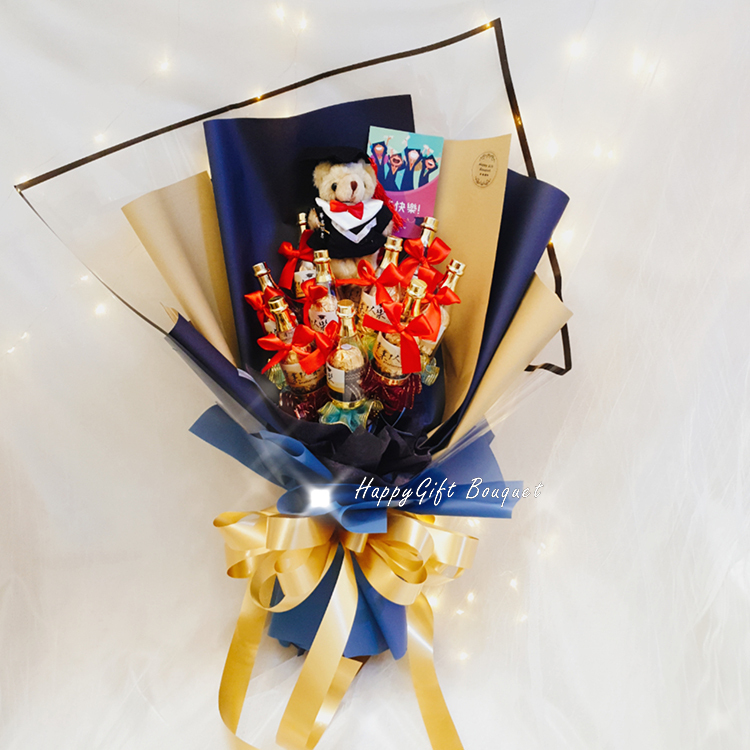 畢業熊香檳酒瓶巧克力花束,畢業熊香檳酒瓶巧克力分享花束,藍金色包裝,Graduation Bear Champagne Bottle Chocolate Bouquet