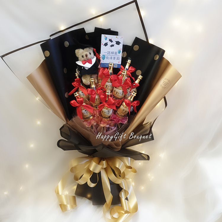 畢業熊香檳酒瓶巧克力花束,畢業熊香檳酒瓶巧克力分享花束,黑金色包裝,Graduation Bear Champagne Bottle Chocolate Bouquet
