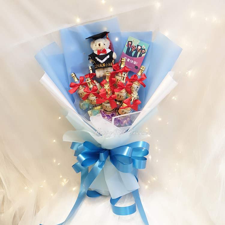 畢業熊香檳酒瓶巧克力花束,畢業熊香檳酒瓶巧克力分享花束,藍色包裝,Graduation Bear Champagne Bottle Chocolate Bouquet