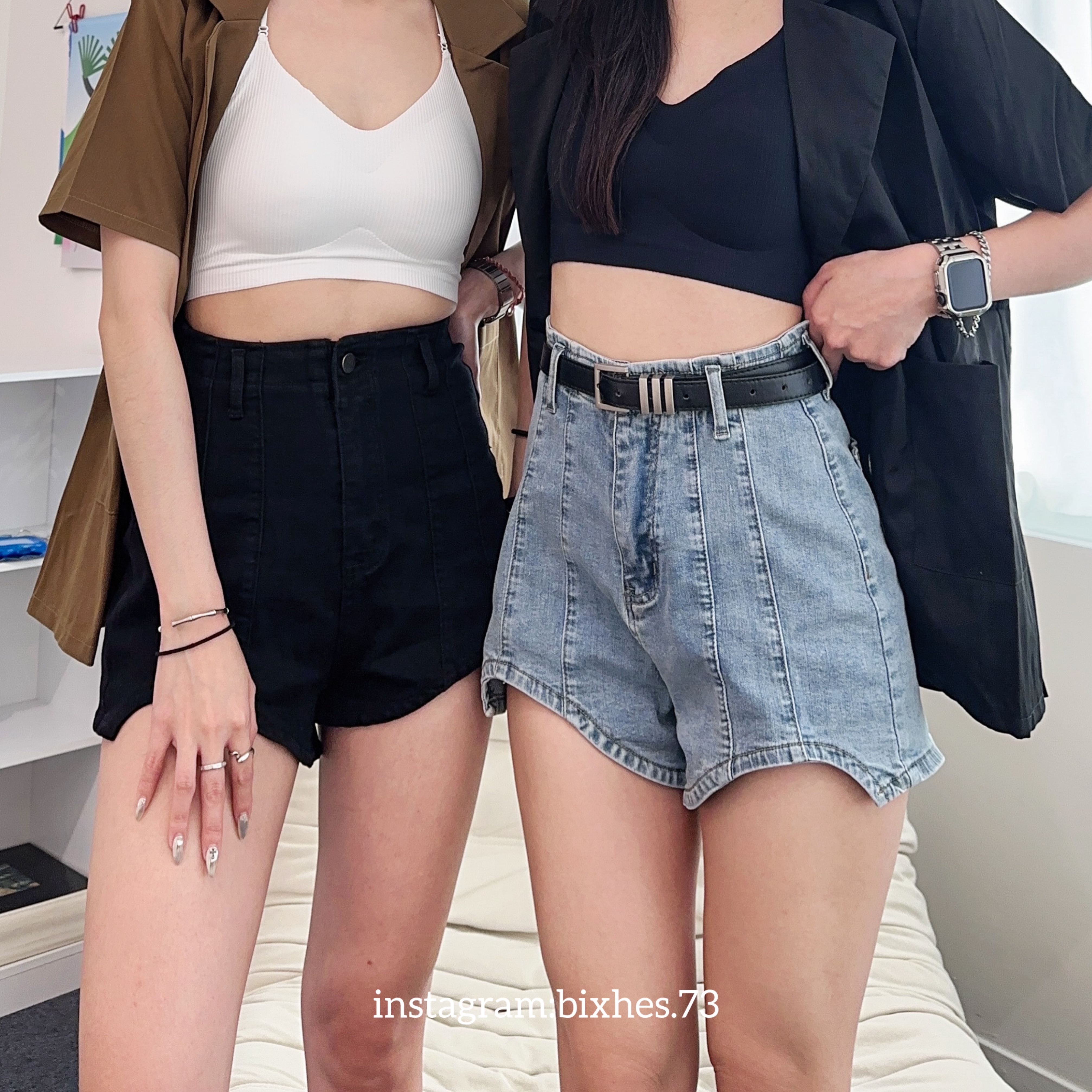 歐美高腰車線牛仔短褲(E00088)