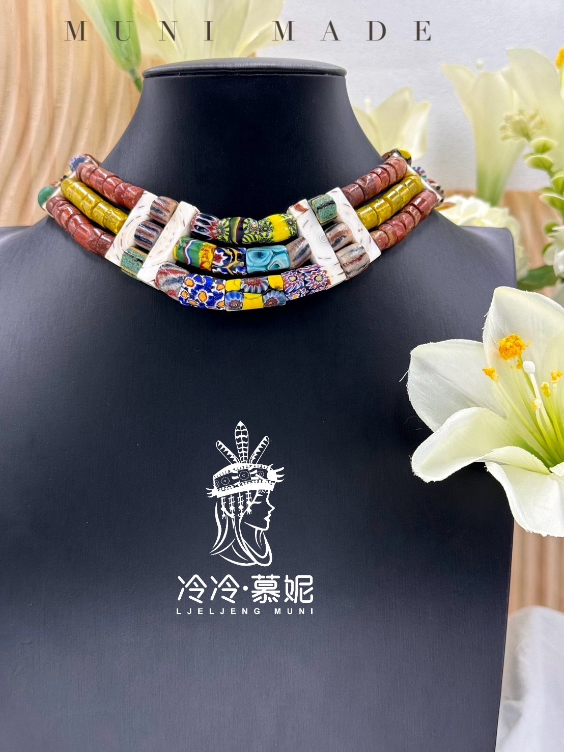 Muni-No.06貿易古珠三排頸鍊38cm