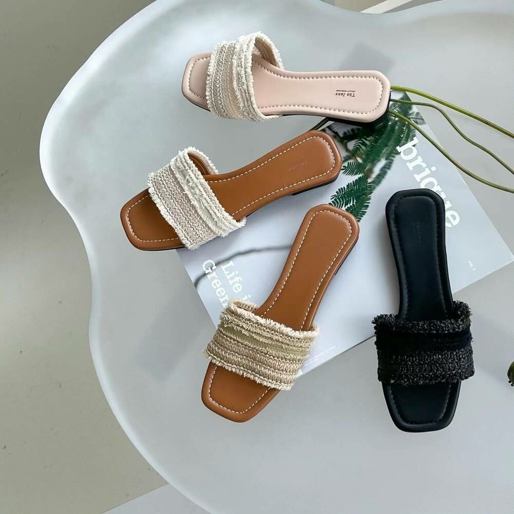 SC2711 草編帶真皮平底拖鞋 (建議買大一碼)