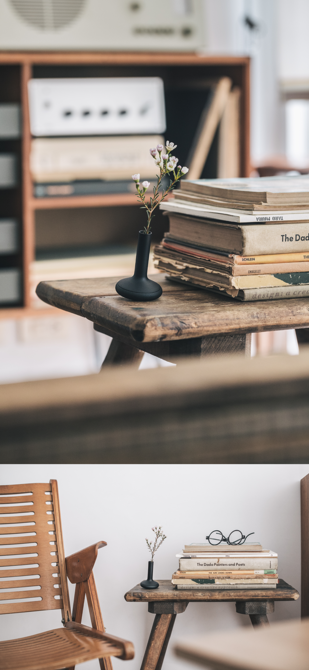 no.30-平安-迷你花瓶，放在木質復古木桌上，現代時尚與傳統的結合。