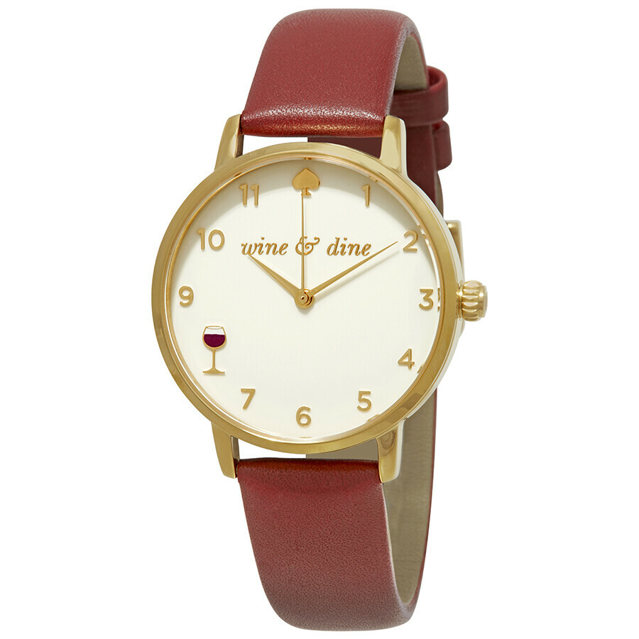 【Kate Spade】 簡約黑桃 紅酒杯 金框皮革 石英錶