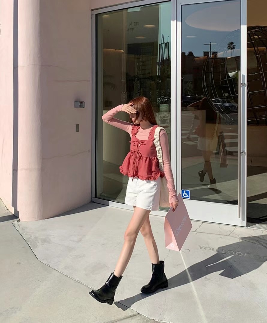 荷葉邊暗紋綁帶背心