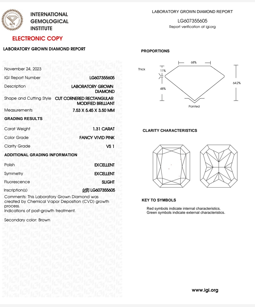 IGI 培育粉紅鑽石 1.31 F.V.P VS1 2EX SLIGHT
