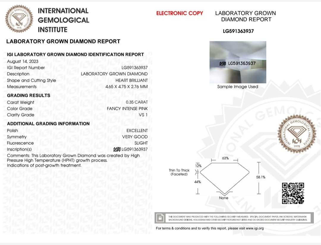 IGI 培育粉紅心形鑽石 0.35 F.I.P VS1 EX VG SLIGHT