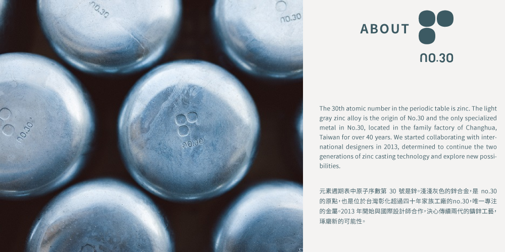 元素週期表第30號鋅，淺淺灰色鋅合金是no.30的原點，台灣彰化超過四十年家族工業。