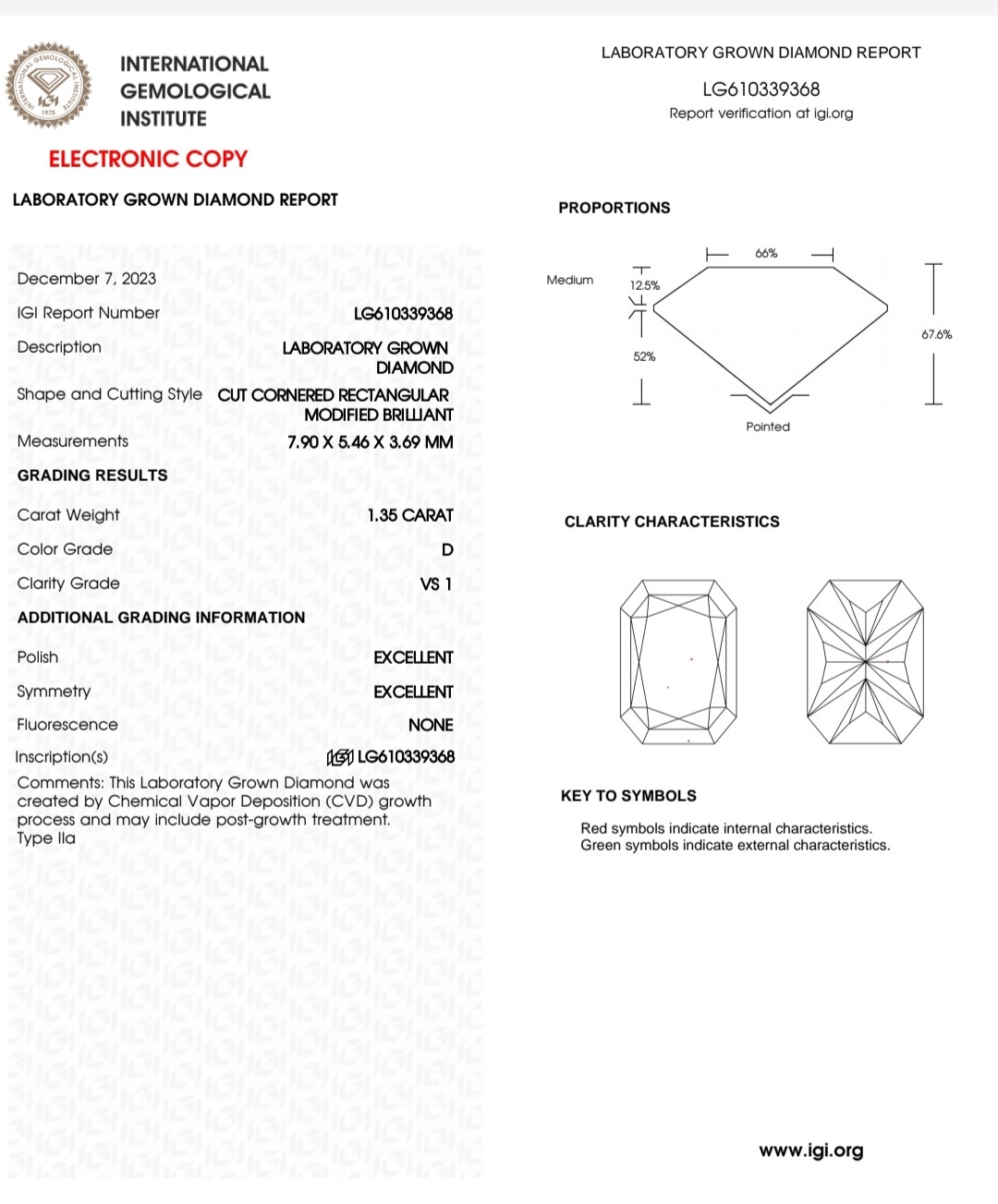IGI LAB GROWN 1.35 D VS1 2EX NON