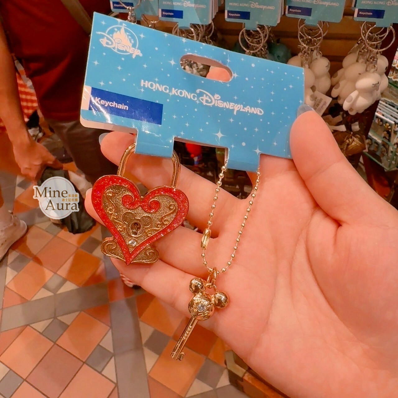 米奇 Mickey 金色米奇頭鑰匙 愛心鎖頭造型 鑰匙圈 吊飾 -香港迪士尼樂園