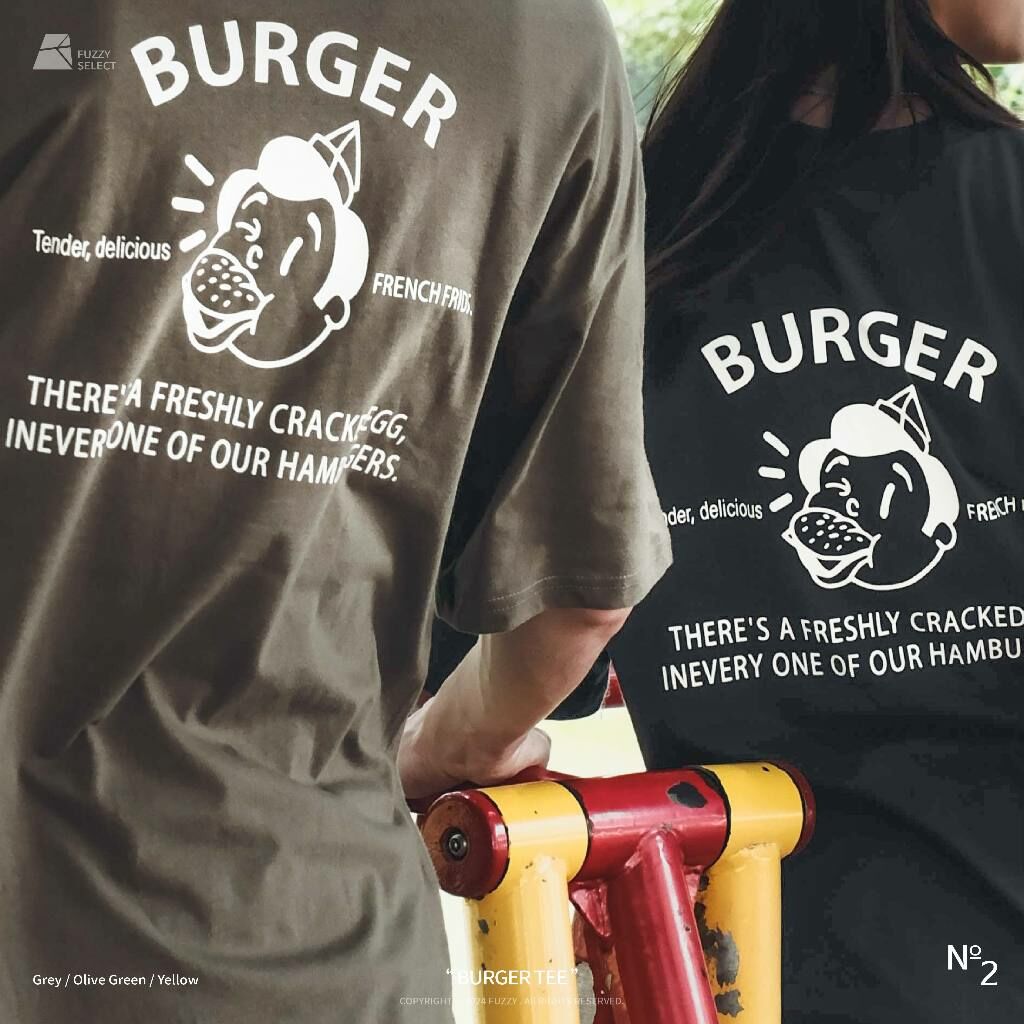 【逢甲 FUZZY】Burger Tee 漢堡 潮流 日常 美式 圖案 Logo 短T 短Tee 黑色 軍綠 黃色