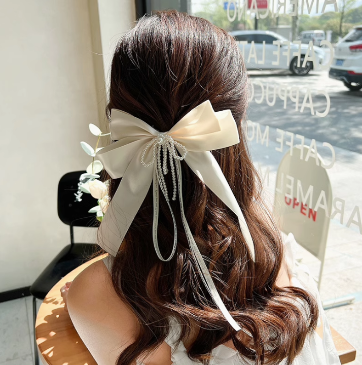 Pearl Satin Large Ribbon Hair Clip