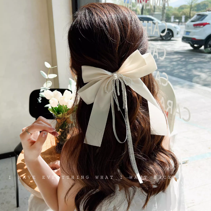 Pearl Satin Large Ribbon Hair Clip