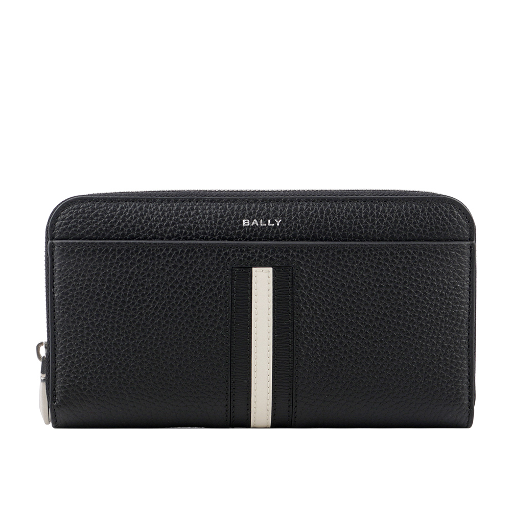 【BALLY】Ribbon 黑白條紋牛皮ㄇ形拉鍊長夾(黑色) 6305145