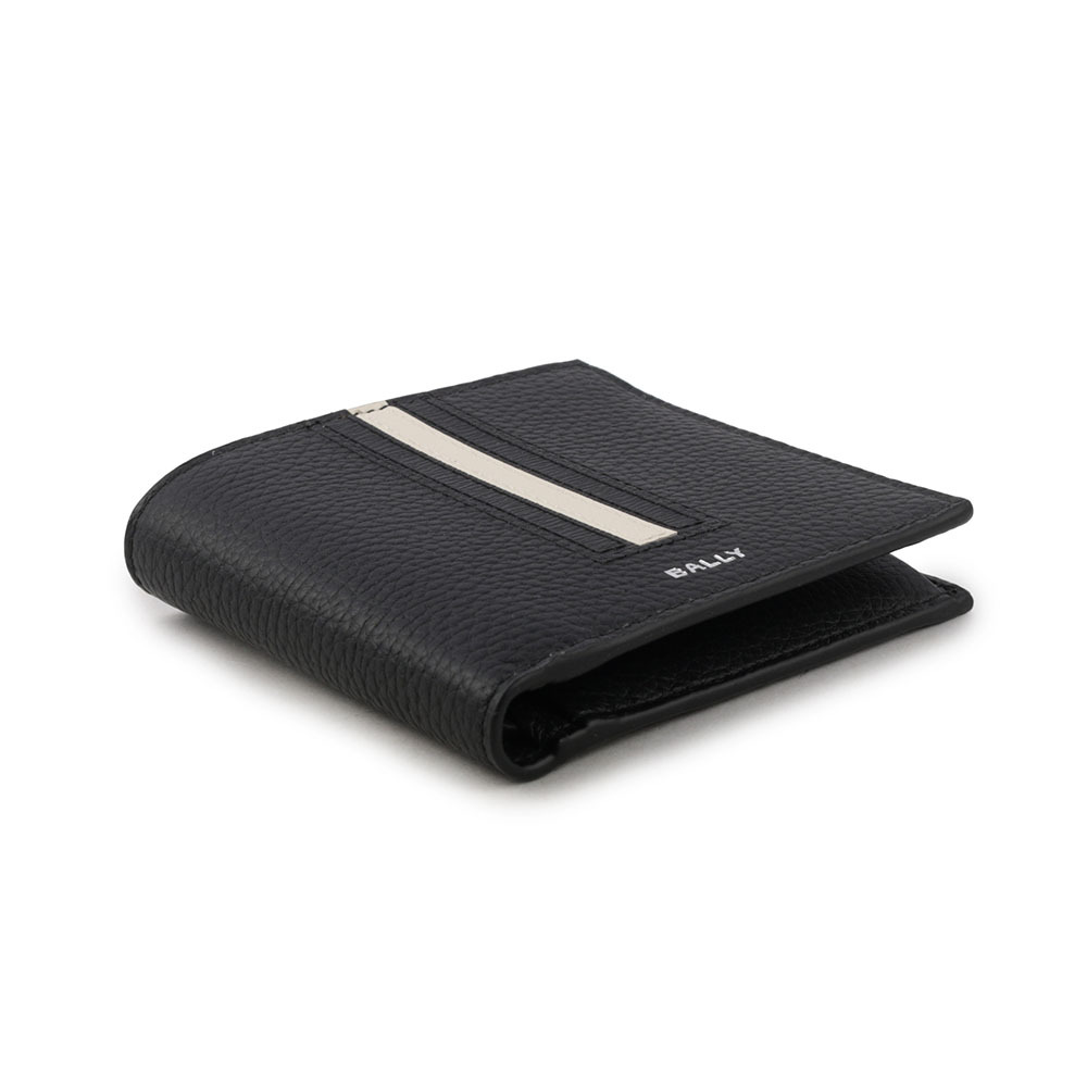 【BALLY】Ribbon 黑白條紋牛皮對開零錢袋短夾(黑色) 6304557