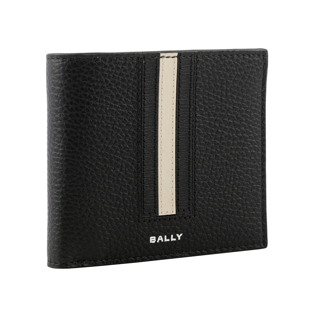 【BALLY】Ribbon 黑白條紋牛皮對開零錢袋短夾(黑色) 6304557