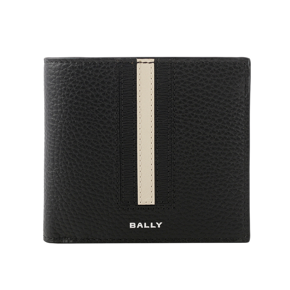 【BALLY】Ribbon 黑白條紋牛皮對開零錢袋短夾(黑色) 6304557