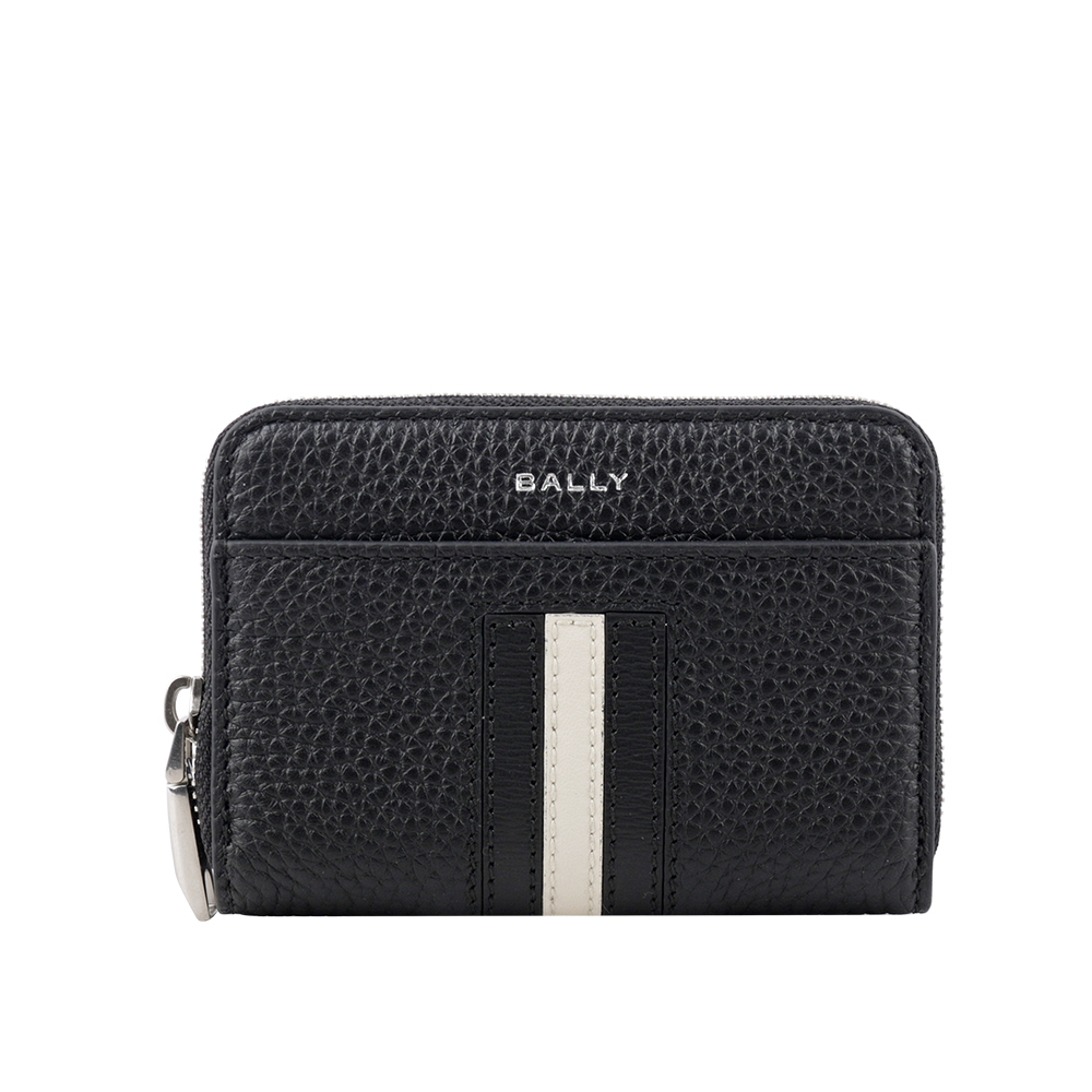【BALLY】Ribbon 黑白條紋牛皮ㄇ形拉鍊卡包/零錢包