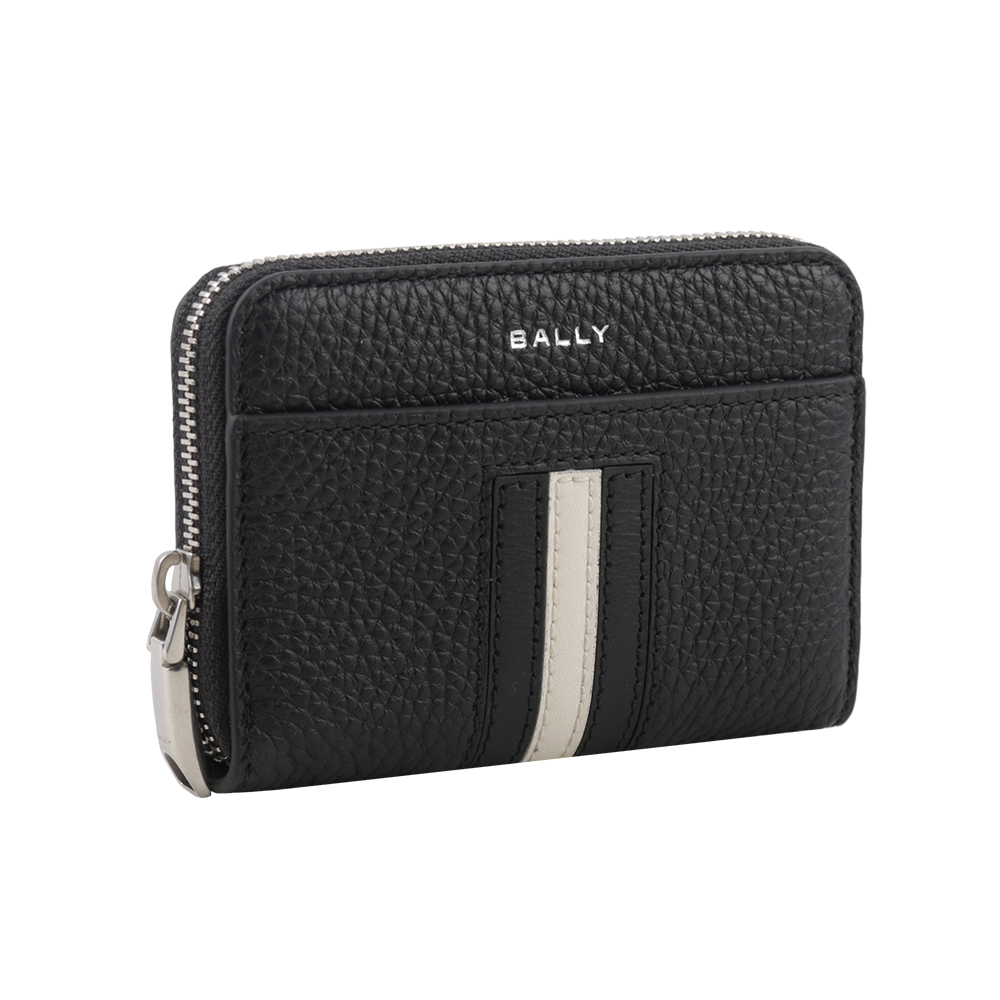 【BALLY】Ribbon 黑白條紋牛皮ㄇ形拉鍊卡包/零錢包(黑色) 6305143