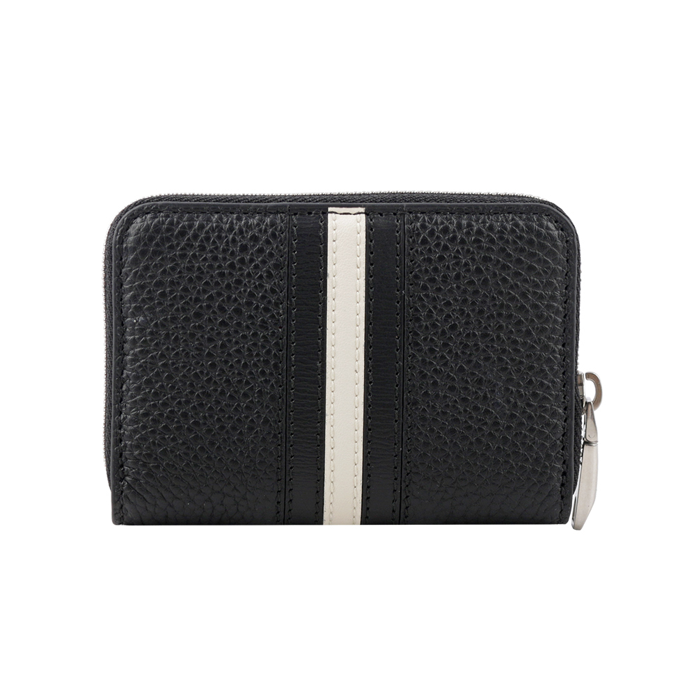 【BALLY】Ribbon 黑白條紋牛皮ㄇ形拉鍊卡包/零錢包(黑色) 6305143