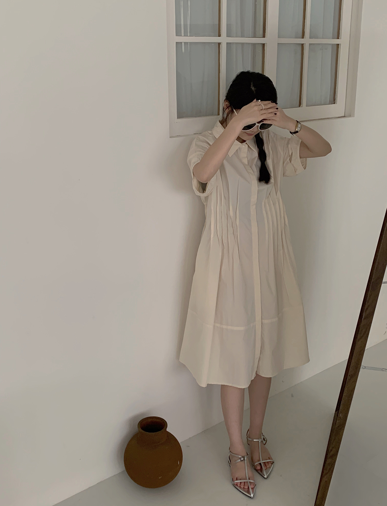 打褶腰身襯衫式洋裝