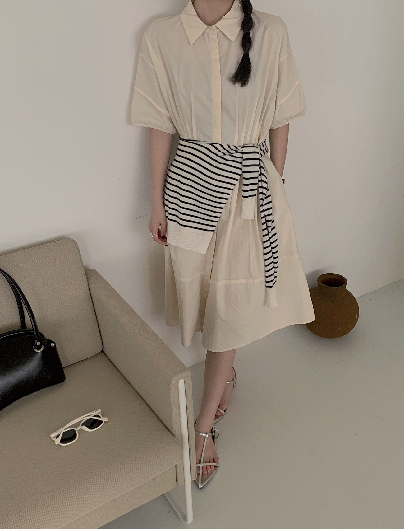 打褶腰身襯衫式洋裝