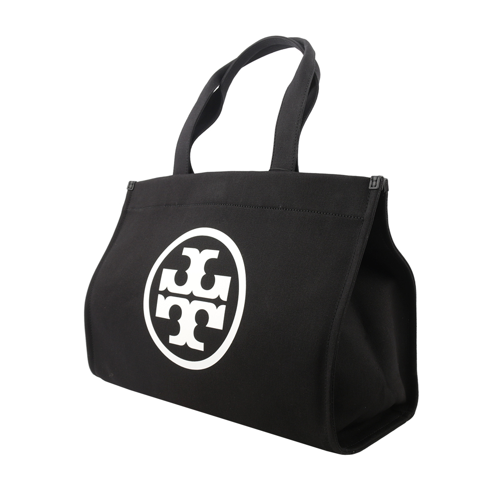 【TORY BURCH】Ella 圓形標誌棉質帆布大款托特包(黑色) 148792 001