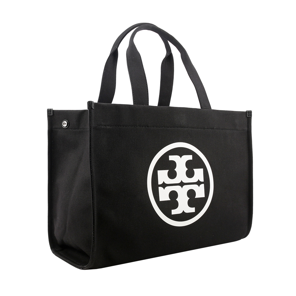 【TORY BURCH】Ella 圓形標誌棉質帆布大款托特包(黑色) 148792 001