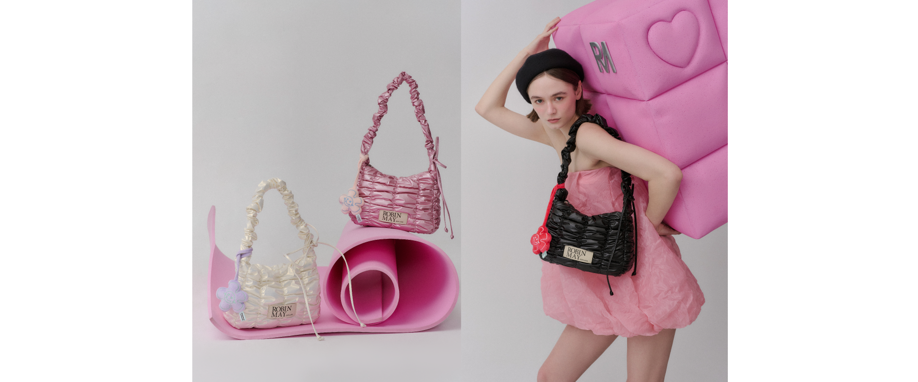 女模特扛著澎澎的粉色柱子，並背著黑色的Meego 肩背包。