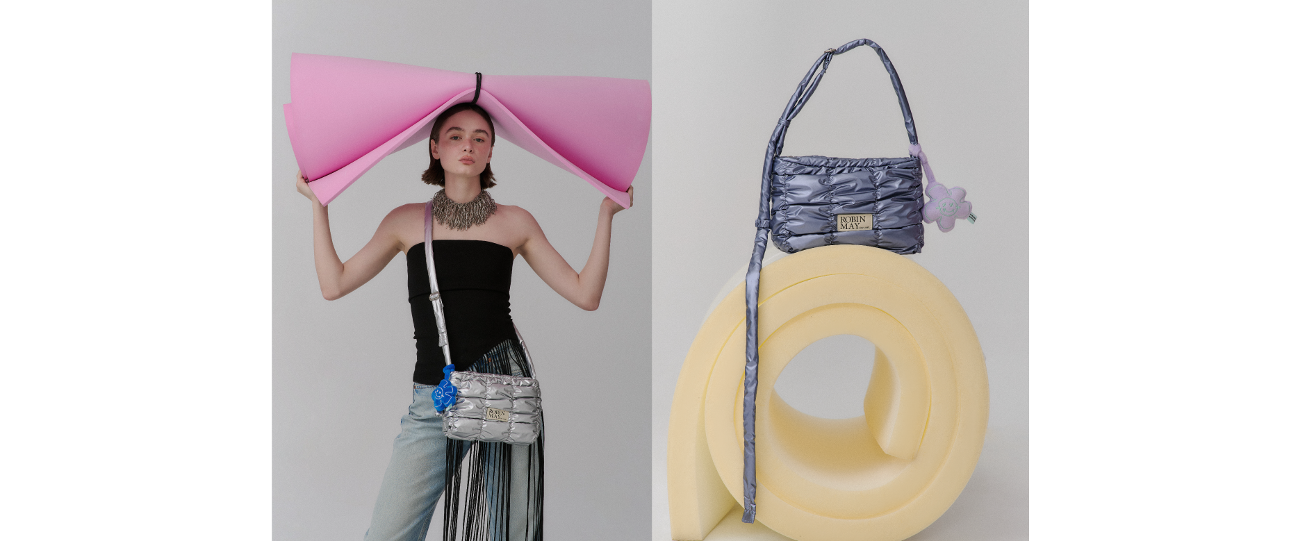 模特頭頂著粉紅色的蝴蝶結，背著銀色的Meego 斜背包。