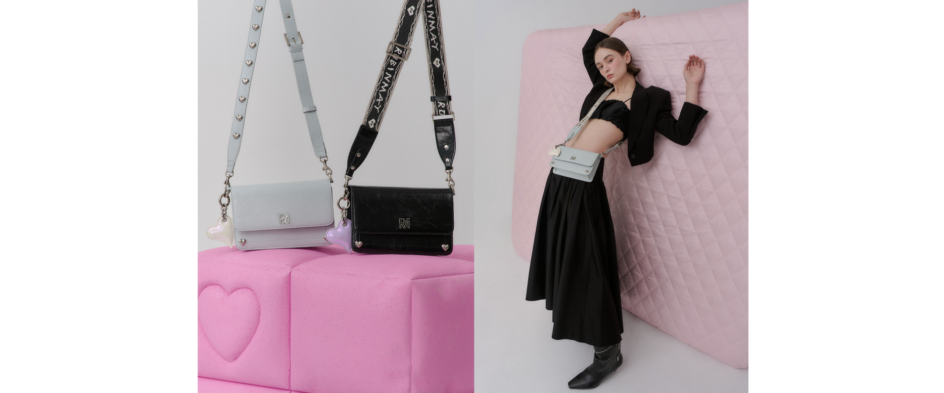 女生模特躺在菱格紋的床墊上，背著 Love More 斜背包。