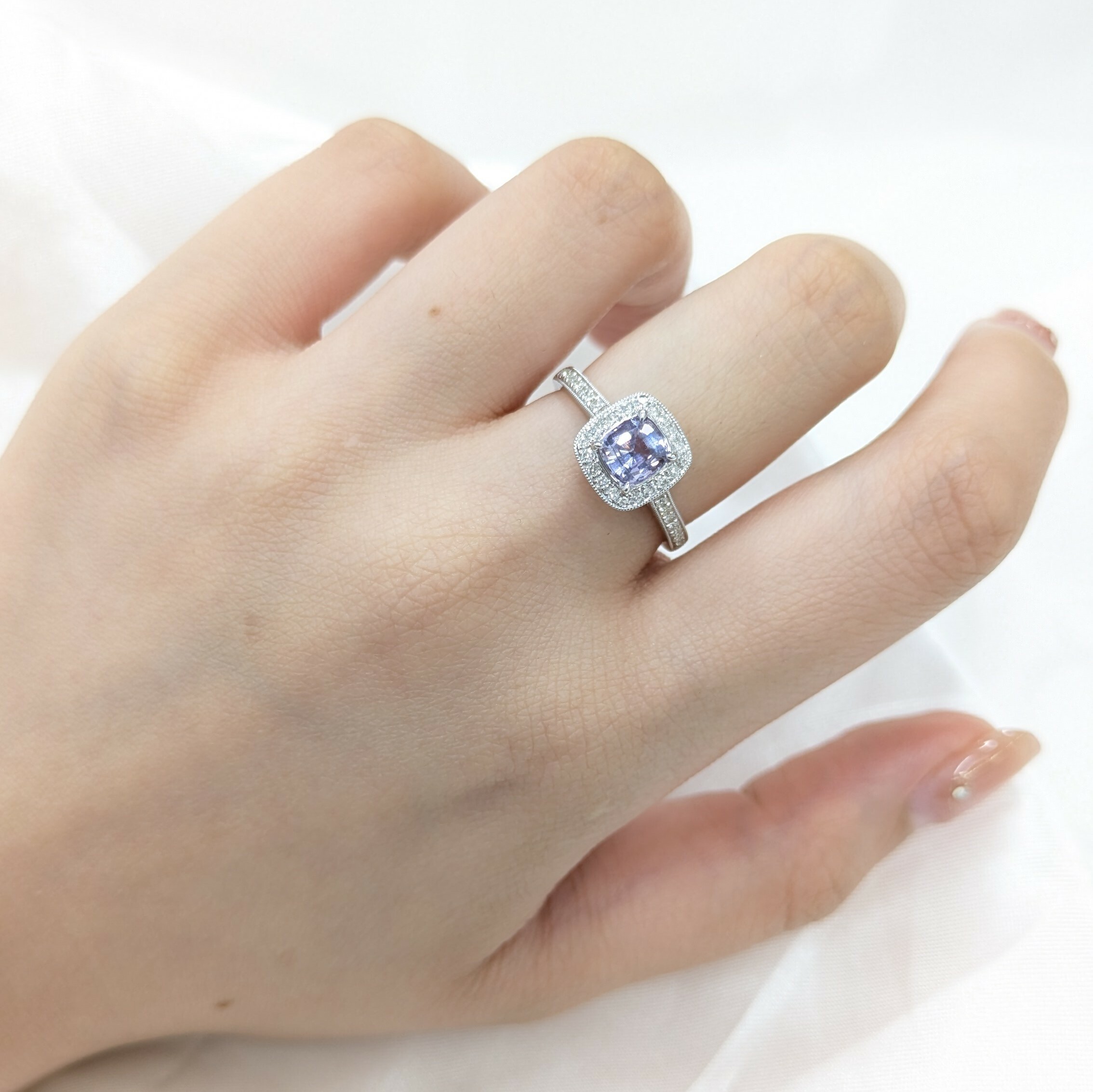 18K White Gold 1.08ct  Cushion Cut Purple Sapphire and Diamond Ring