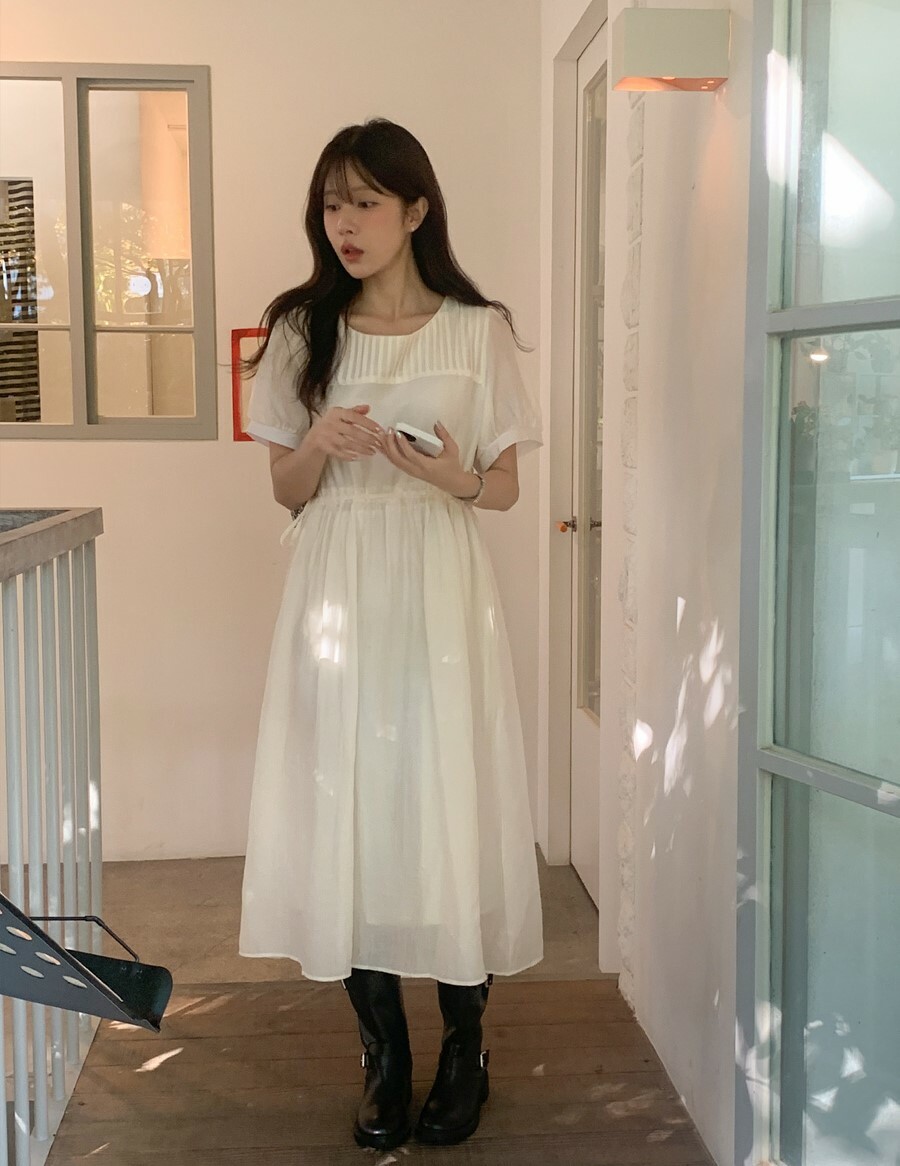 韓國Cherrykoko授權 夏日光澤高腰側綁帶天絲洋裝