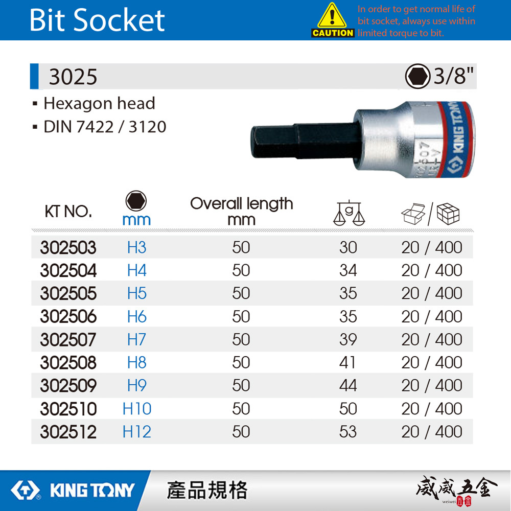 KING TONY 金統立｜3-10mm 三分 3分 手動-六角起子頭套筒 3/8" 內六角凸套筒｜3025