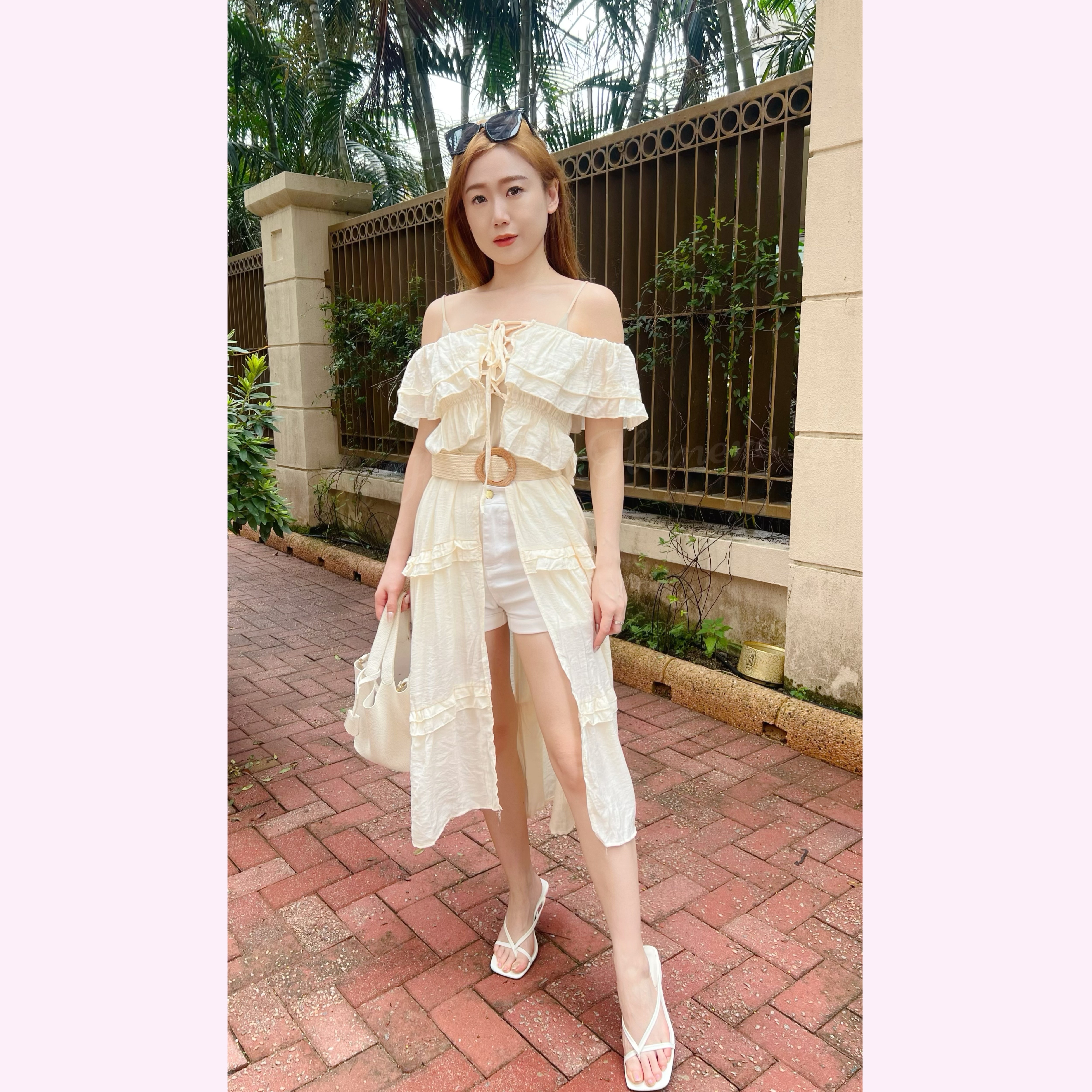 ST24W0617 蛋糕RUFFLES 一字膊開胸長外衫連BRA TOP