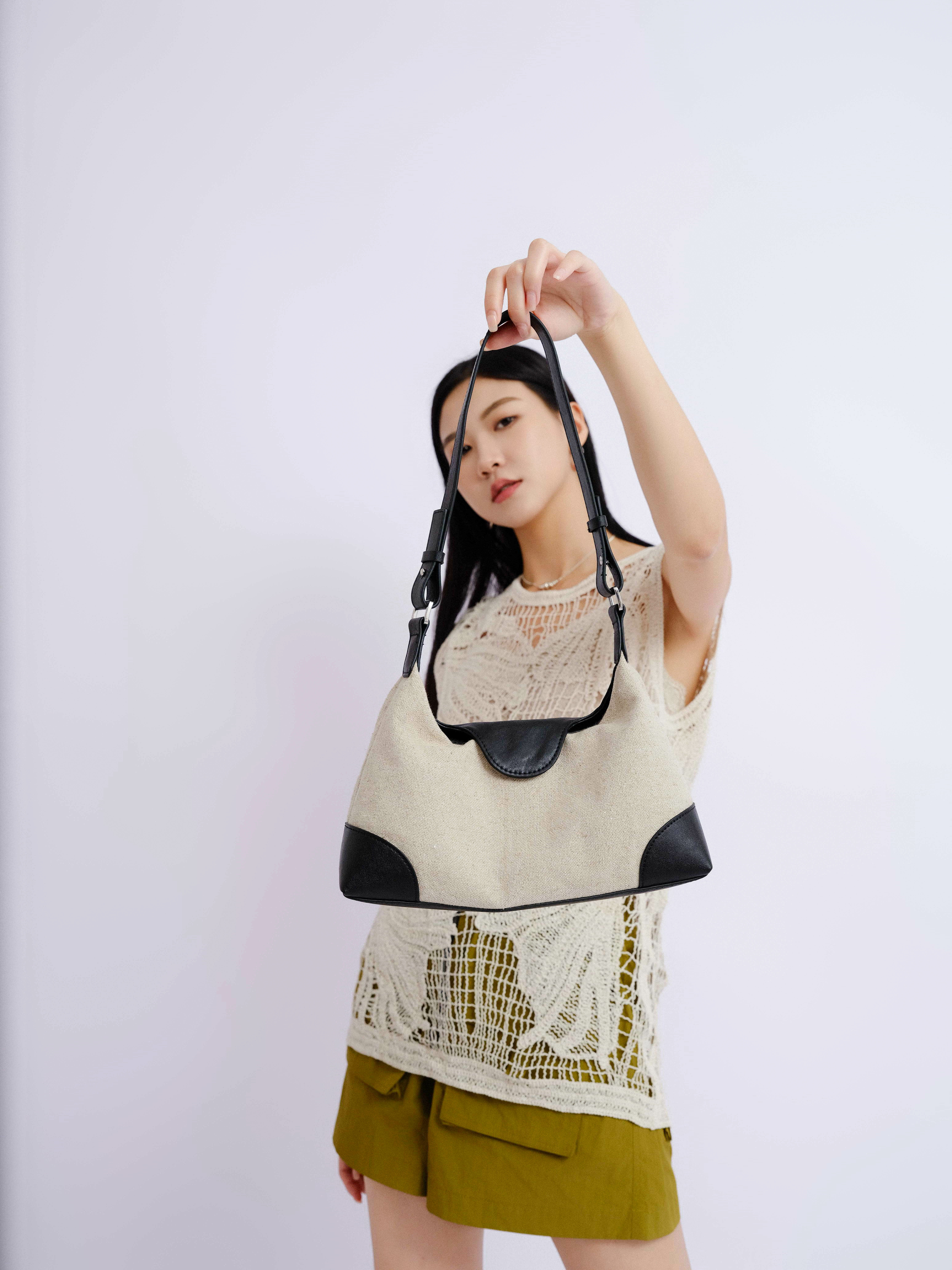 麻布拼皮腋下包（現貨款式）