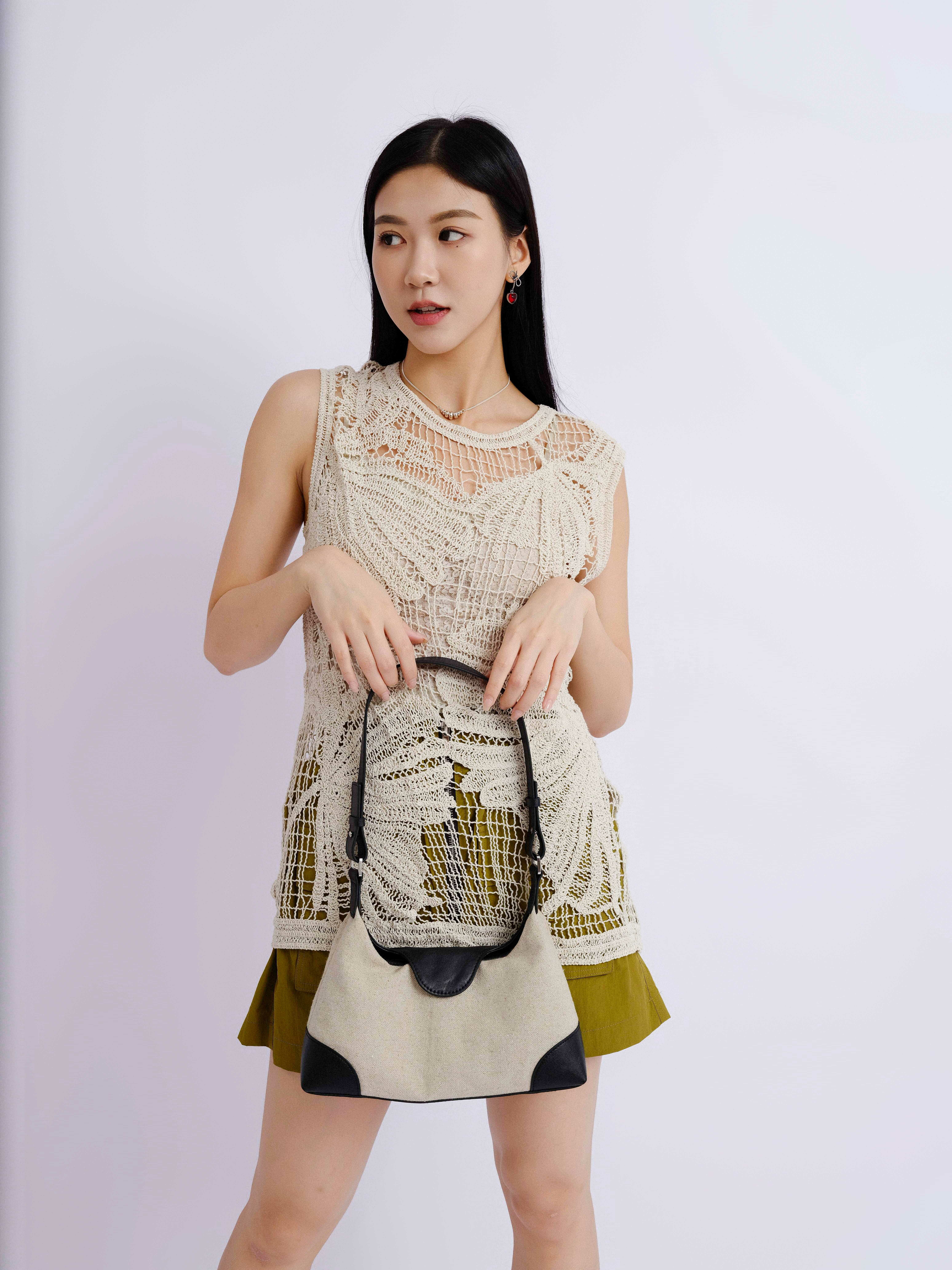 麻布拼皮腋下包（現貨款式）