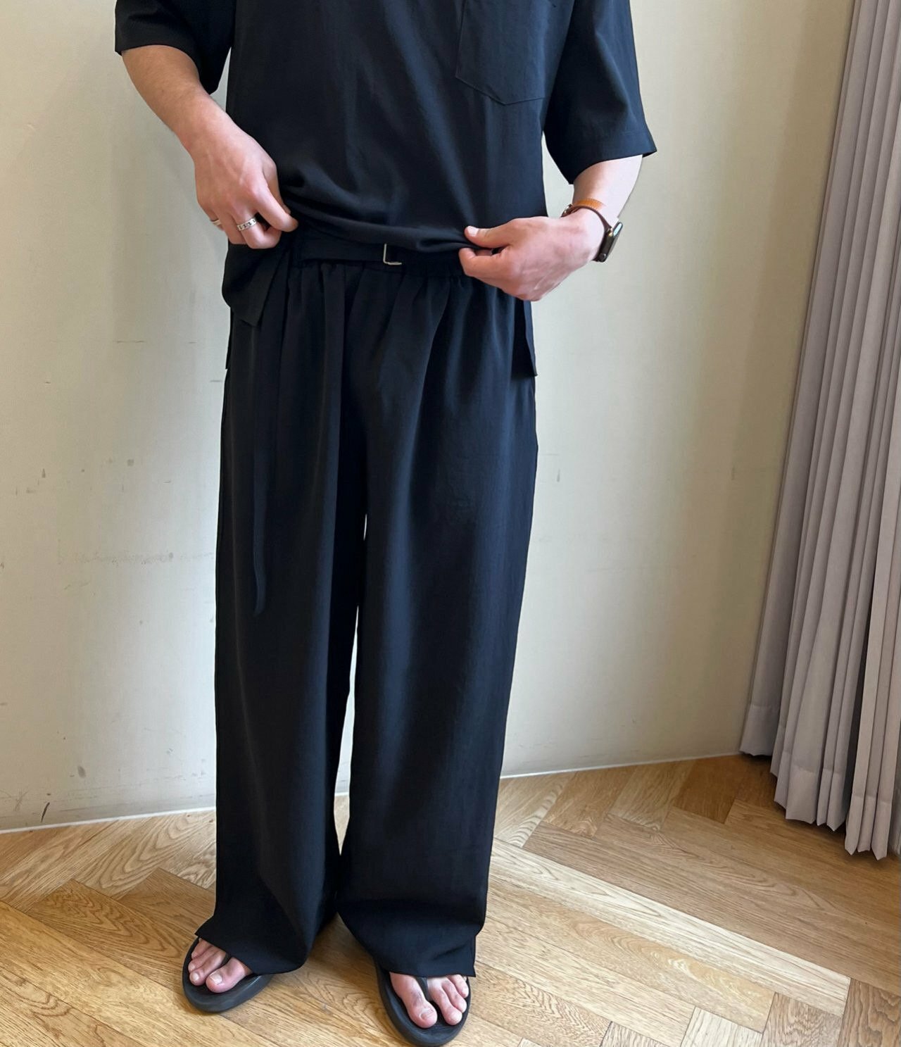 夏季乾淨寬鬆腰帶褲