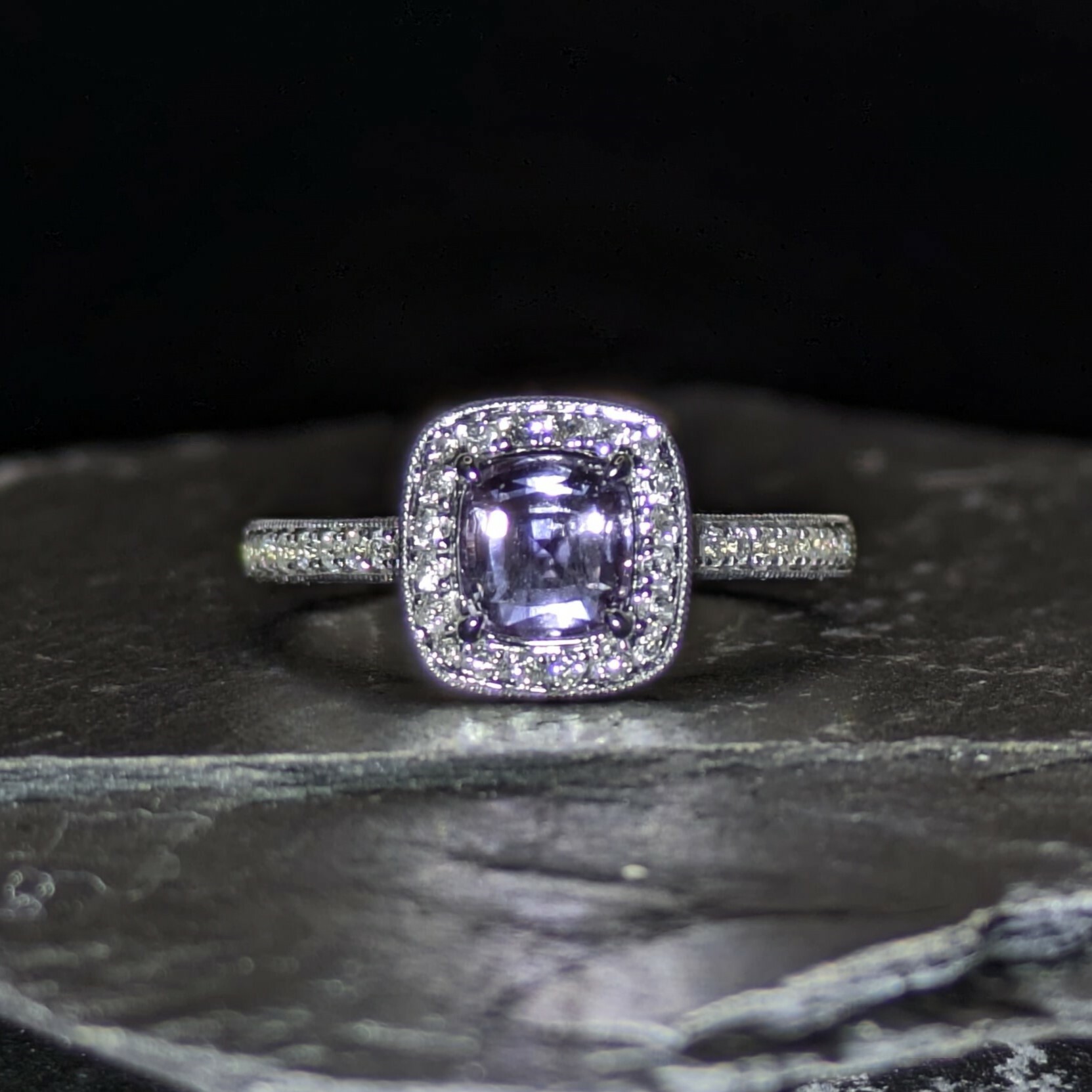 18K White Gold 1.08ct  Cushion Cut Purple Sapphire and Diamond Ring