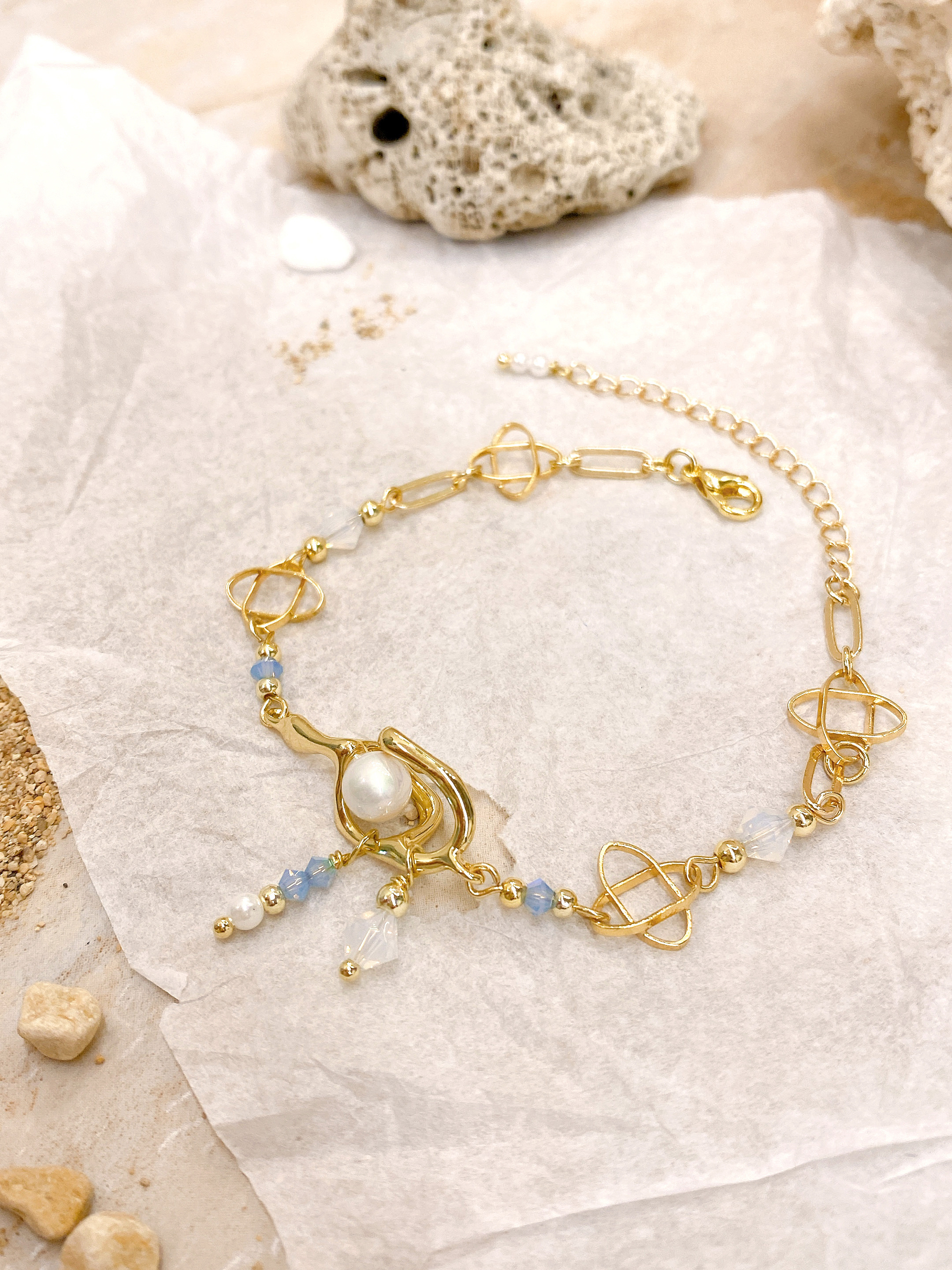 朵朵浪花。MUCHAT手作14KGP施華洛水晶珍珠幾何手鍊