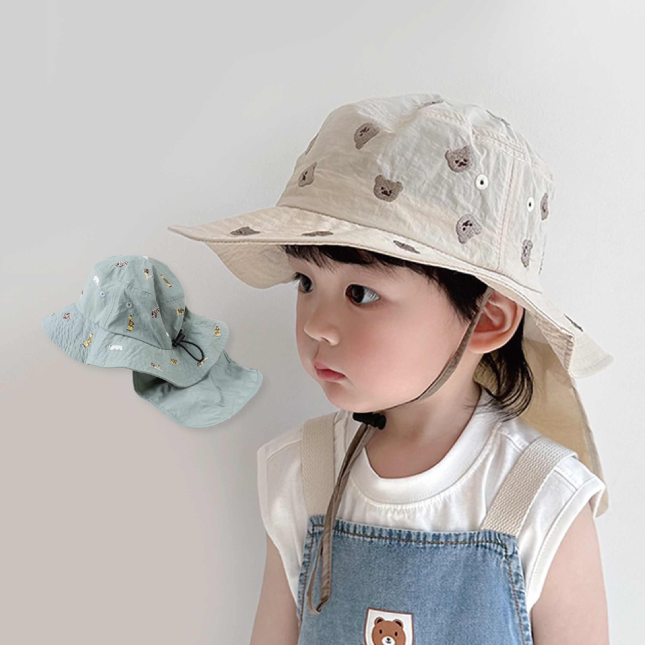 【JA1425】滿版動物刺繡披肩護脖防曬帽＊二色