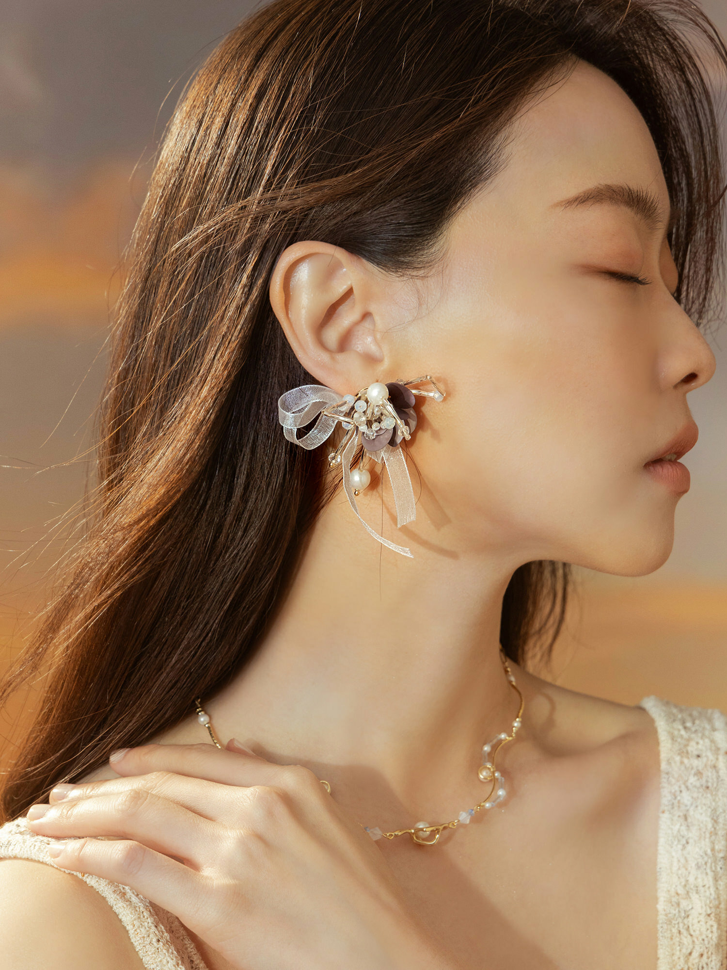 來一口聖代。(2way)MUCHAT手作14KG立體水晶珠花蝶結耳環