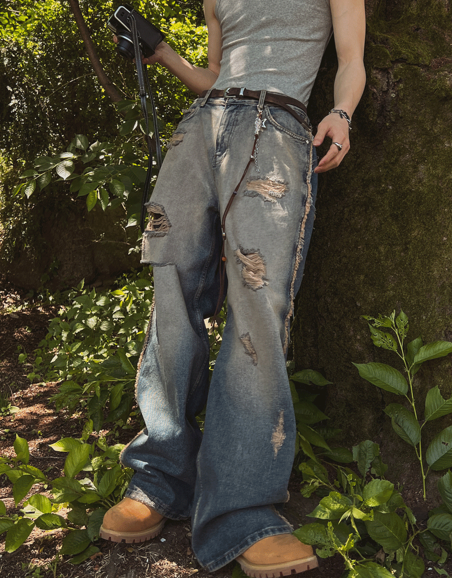 硬裁剪闊腿牛仔褲