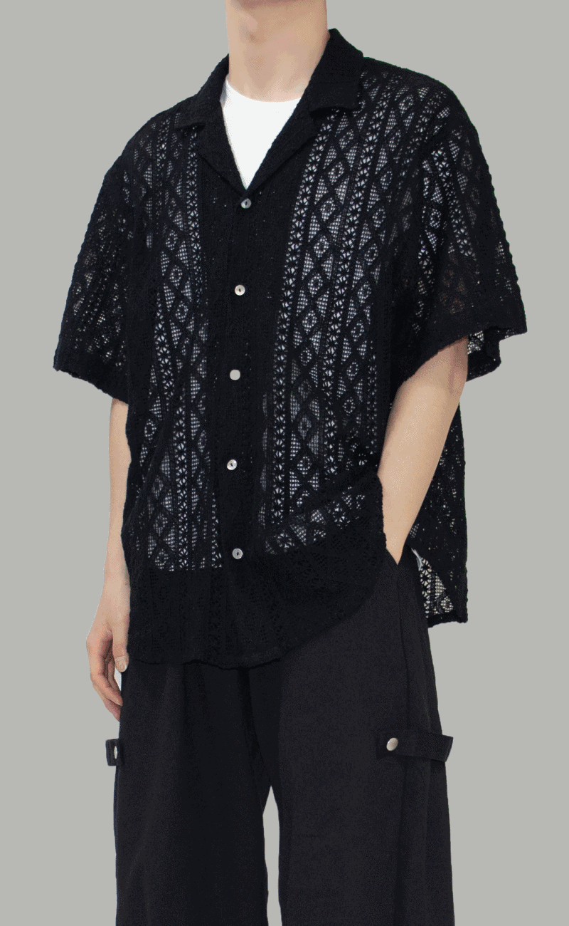 Tabber布藝敞領短袖襯衫