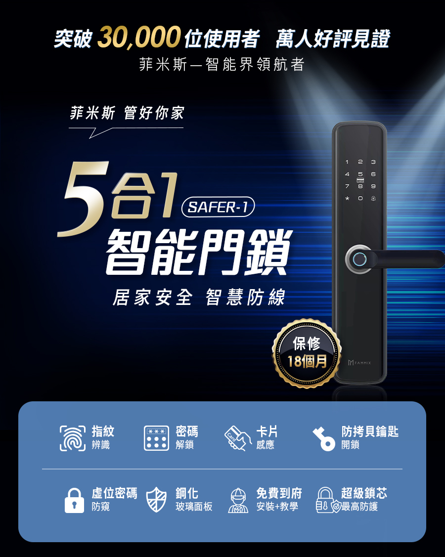 【FAMMIX菲米斯】五合一智慧指紋安全電子鎖-黑色