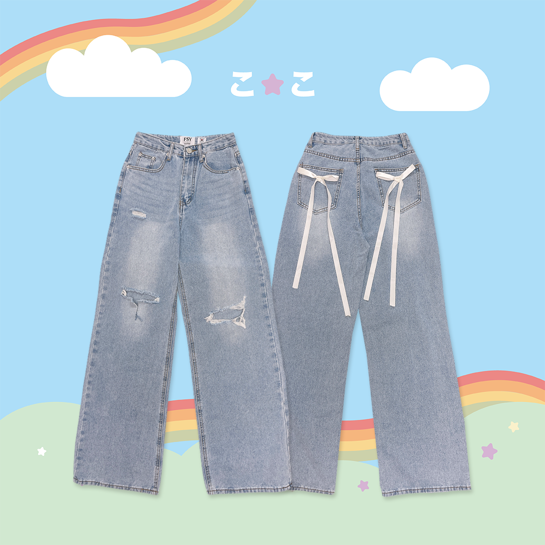 こ♡こ 蝴蝶結緞帶刀割直筒牛仔褲